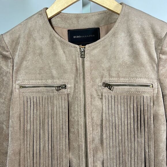 BCBGMAXAZRIA Women’s Reiss Stretch Woven Microsuede Fringe Jacket Tan Size XS - Picture 5 of 16